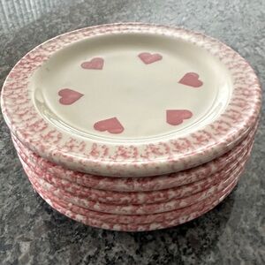 6 Roseville Spongeware Charming Pink Heart Plates Set